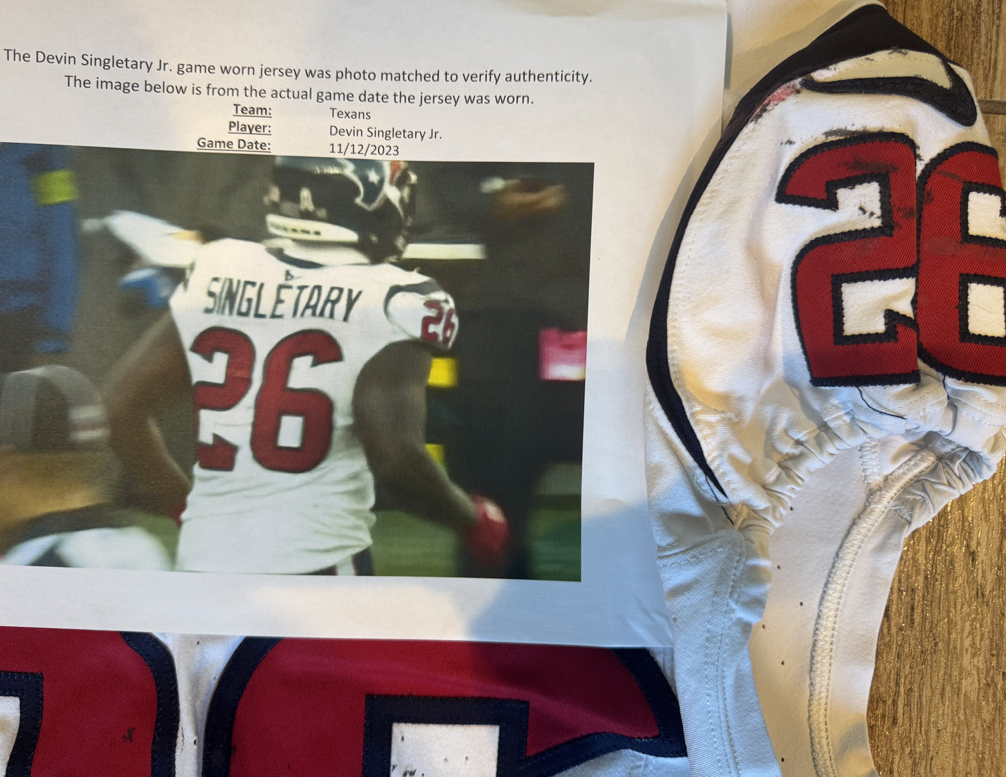 Devin Singletary GAME WORN 💪 11/12/23 & PHOTO MATCHED 📸 Houston Texans Nike NFL Jersey🎽 vs. Cincinnati Bengals – Salute to Service Game