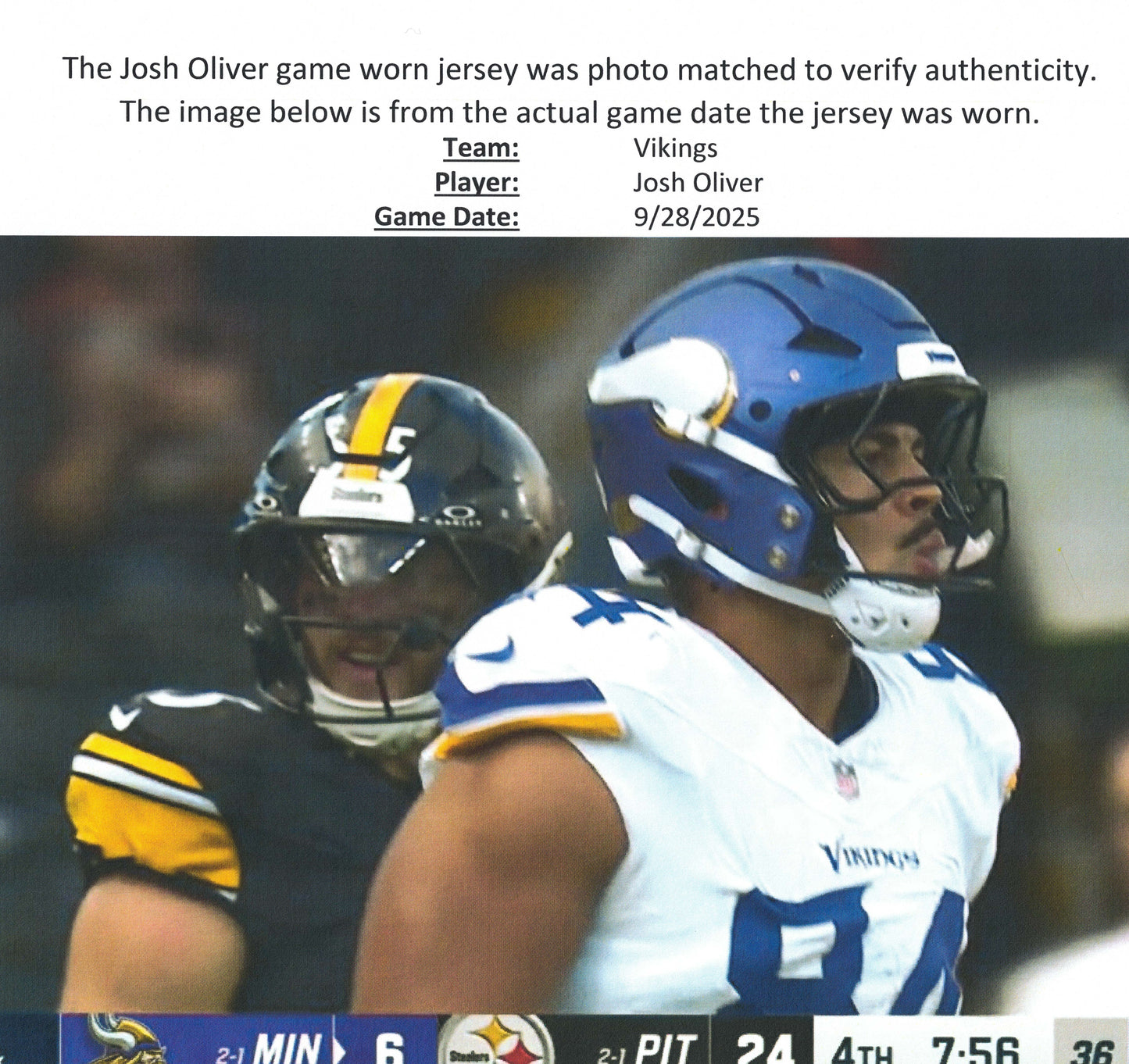 Josh Oliver GAME WORN 💪 09/28/25 PHOTO MATCHED  📸 Minnesota Vikings vs Pittsburgh Steelers NFL Jersey Also includes PSA Authentication