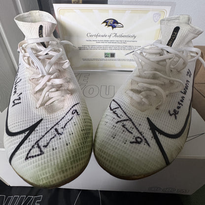 Justin Tucker Signed ✍️ + Inscribed GAME WORN 💪 NFL Cleats 👟 21-22 Season Baltimore Ravens 💜 Also includes COA 🛡️