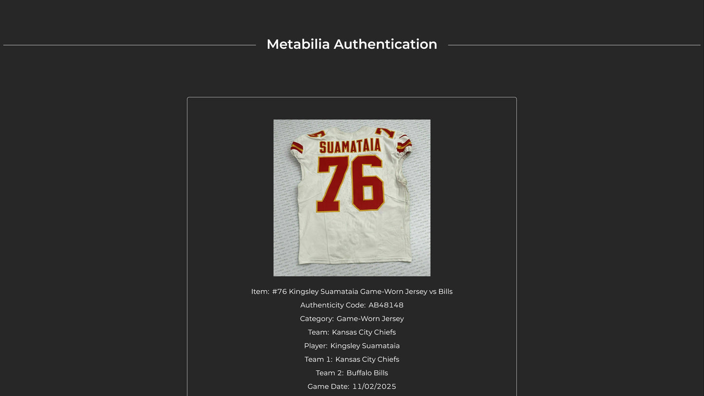 Kingsley Suamataia GAME-USED💪 11/02/25 Kansas City Chiefs NFL Jersey🎽vs. Bills inc. COA 🛡️