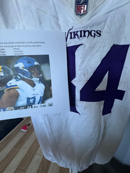 Josh Oliver GAME WORN 💪 09/28/25 PHOTO MATCHED  📸 Minnesota Vikings vs Pittsburgh Steelers NFL Jersey Also includes PSA Authentication