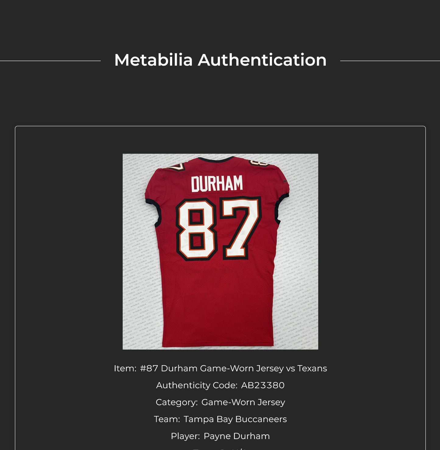 Payne Durham GAME-WORN💪09/15/25 Tampa Bay Buccaneers🏴‍☠On-Field NFL Jersey👕vs.Houston Texans