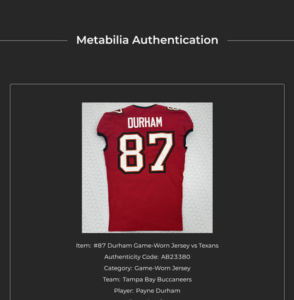 Payne Durham GAME-WORN💪09/15/25 Tampa Bay Buccaneers🏴‍☠On-Field NFL Jersey👕vs.Houston Texans