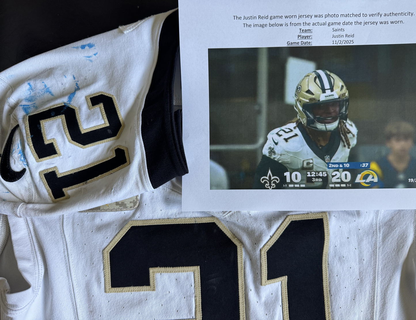 Justin Reid GAME WORN 💪 11/02/25 PHOTO MATCHED 📸 Saints NFL Jersey 🎽 vs Rams Includes Proof of Authenticity 🛡️