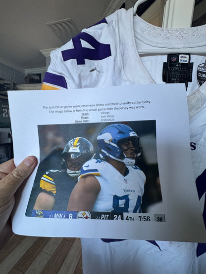 Josh Oliver GAME WORN 💪 09/28/25 PHOTO MATCHED  📸 Minnesota Vikings vs Pittsburgh Steelers NFL Jersey Also includes PSA Authentication