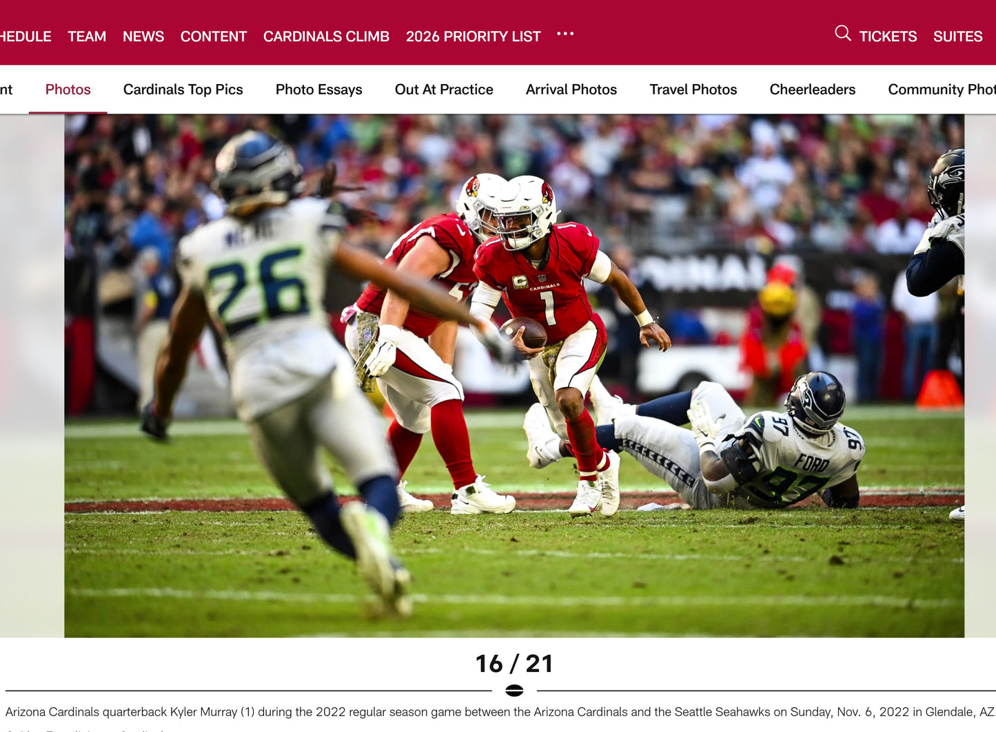 Kyler Murray GAME WORN 11/06/22 PHOTO MATCHED Arizona Cardinals NFL Jersey vs Seattle Seahawk Also includes PSA COA