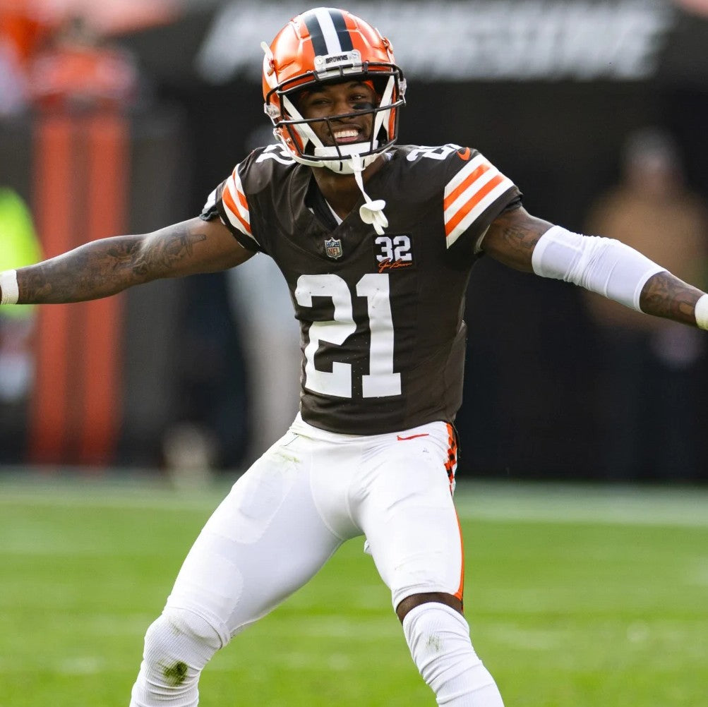 Denzel Ward GAME WORN/USED 10/01/23 💪 Cleveland Browns NFL Jersey 👕 vs. Baltimore Ravens Inc. PSA Authenticity 🛡️ + Jim Brown memorial Patch