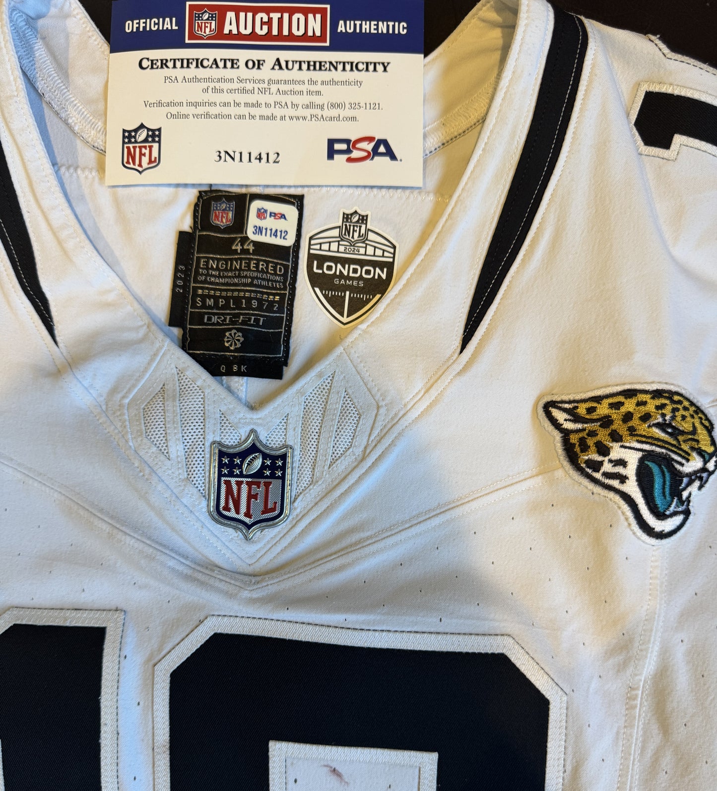 Mac Jones GAME WORN/USED 💪10/13/24 Jacksonville Jaguars 🐆 Nike NFL Jersey 👕 vs. Chicago Bears (London Game🌍) PSA Authenticated 🛡️