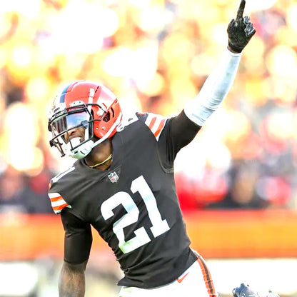 Denzel Ward GAME WORN/USED 10/01/23 💪 Cleveland Browns NFL Jersey 👕 vs. Baltimore Ravens Inc. PSA Authenticity 🛡️ + Jim Brown memorial Patch