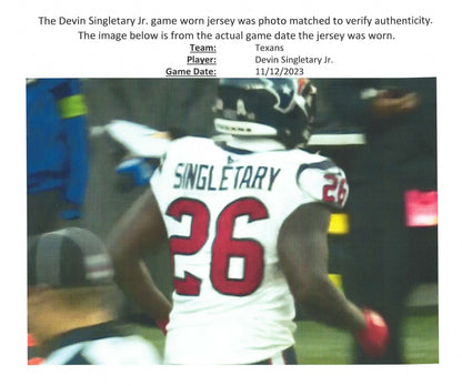 Devin Singletary GAME WORN 💪 11/12/23 & PHOTO MATCHED 📸 Houston Texans Nike NFL Jersey🎽 vs. Cincinnati Bengals – Salute to Service Game
