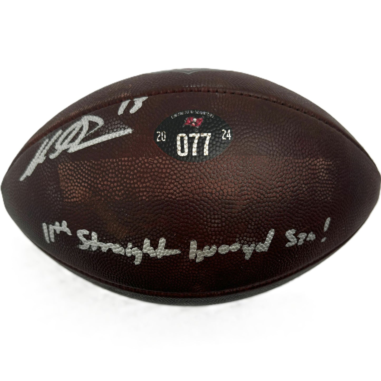 Mike Evans GAME-USED Signed & Inscribed Tampa Bay Buccaneers Duke Ball 24-25 Season Inscription reads “11th Straight 1,000 yd Szn!”