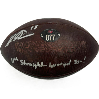 Mike Evans GAME-USED Signed & Inscribed Tampa Bay Buccaneers Duke Ball 24-25 Season Inscription reads “11th Straight 1,000 yd Szn!”