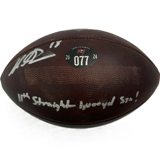 Mike Evans GAME-USED Signed & Inscribed Tampa Bay Buccaneers Duke Ball 24-25 Season Inscription reads “11th Straight 1,000 yd Szn!”