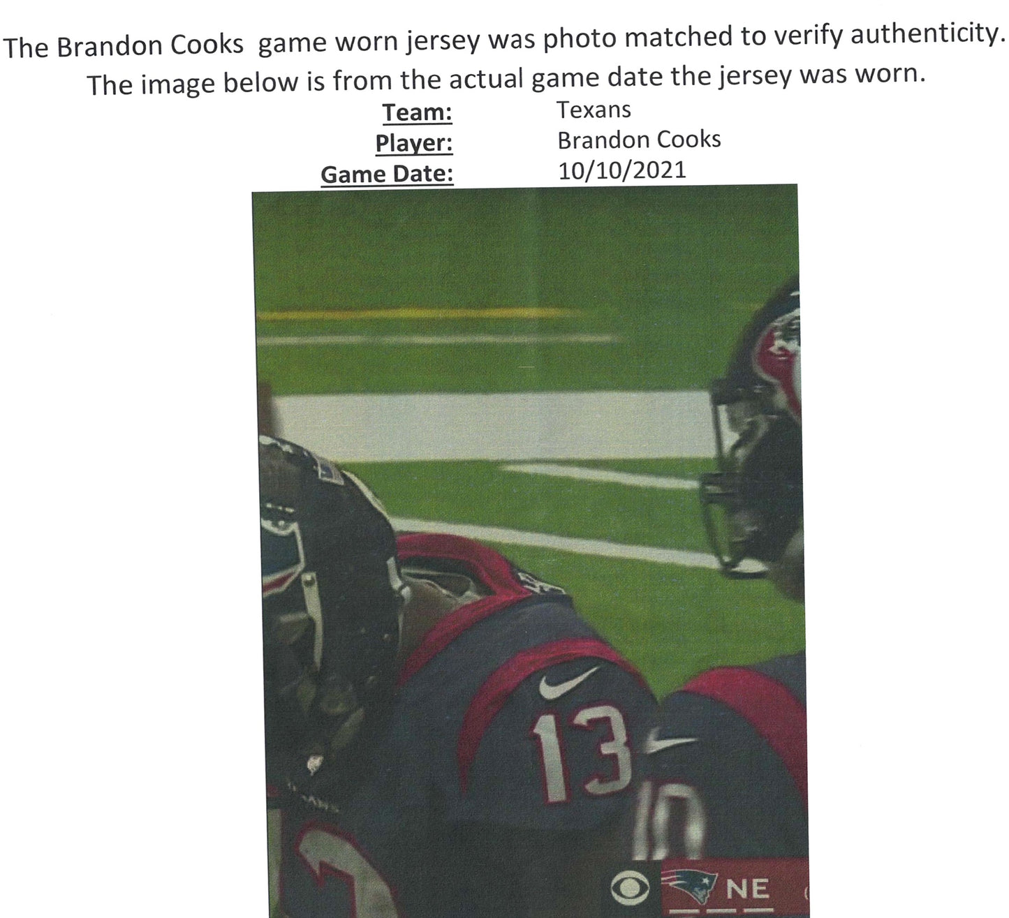 Brandin Cooks GAME WORN 💪 10/10/2021 PHOTO MATCHED 📸 Houston Texans NFL Jersey 🎽 vs. New England Patriots Also inc. PSA Authenticity 🛡️