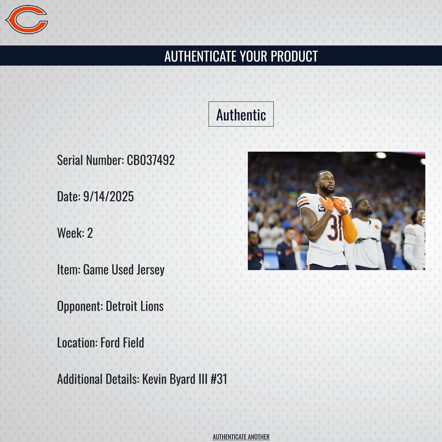 Kevin Byard III GAME WORN 09/14/25 PHOTO MATCHED 📸 Chicago Bears Jersey vs Detroit Lions Also includes Proof of Authenticity 🛡️