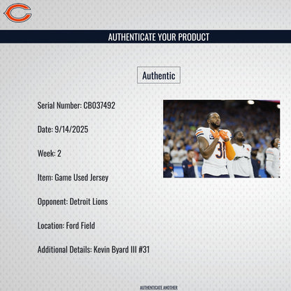 Kevin Byard III GAME WORN 09/14/25 PHOTO MATCHED 📸 Chicago Bears Jersey vs Detroit Lions Also includes Proof of Authenticity 🛡️