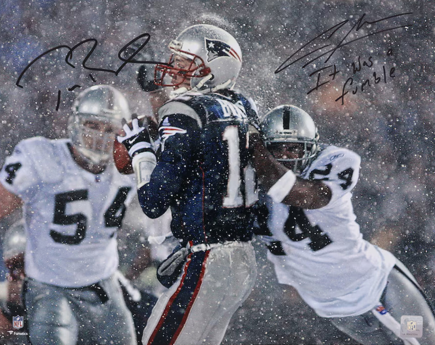 Tom Brady & Charles Woodson Signed New England Patriots (Tuck Game) 16 x 20 FRAMED Photograph🖼️ with "It was a Fumble" inscription. Also includes Fanatics COA 🛡️