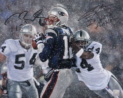 Tom Brady & Charles Woodson Signed New England Patriots (Tuck Game) 16 x 20 FRAMED Photograph🖼️ with "It was a Fumble" inscription. Also includes Fanatics COA 🛡️