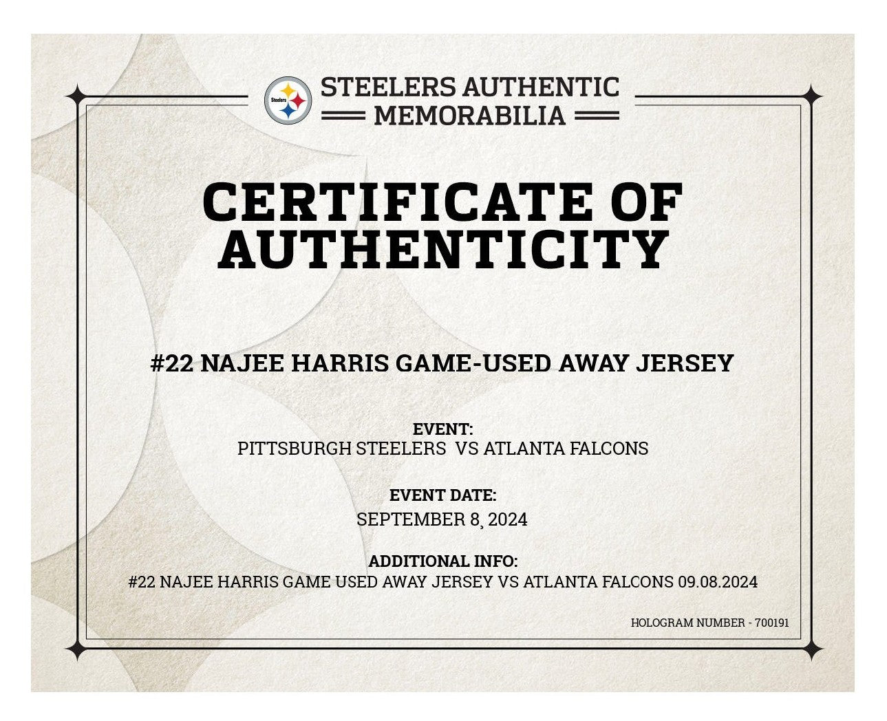 Najee Harris GAME WORN💪09/08/24 PHOTO MATCHED📸Steelers NFL Jersey👕Inc.COA💥