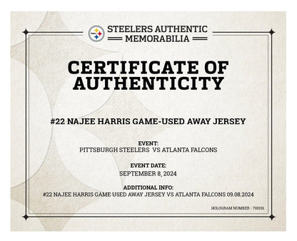 Najee Harris GAME WORN💪09/08/24 PHOTO MATCHED📸Steelers NFL Jersey👕Inc.COA💥
