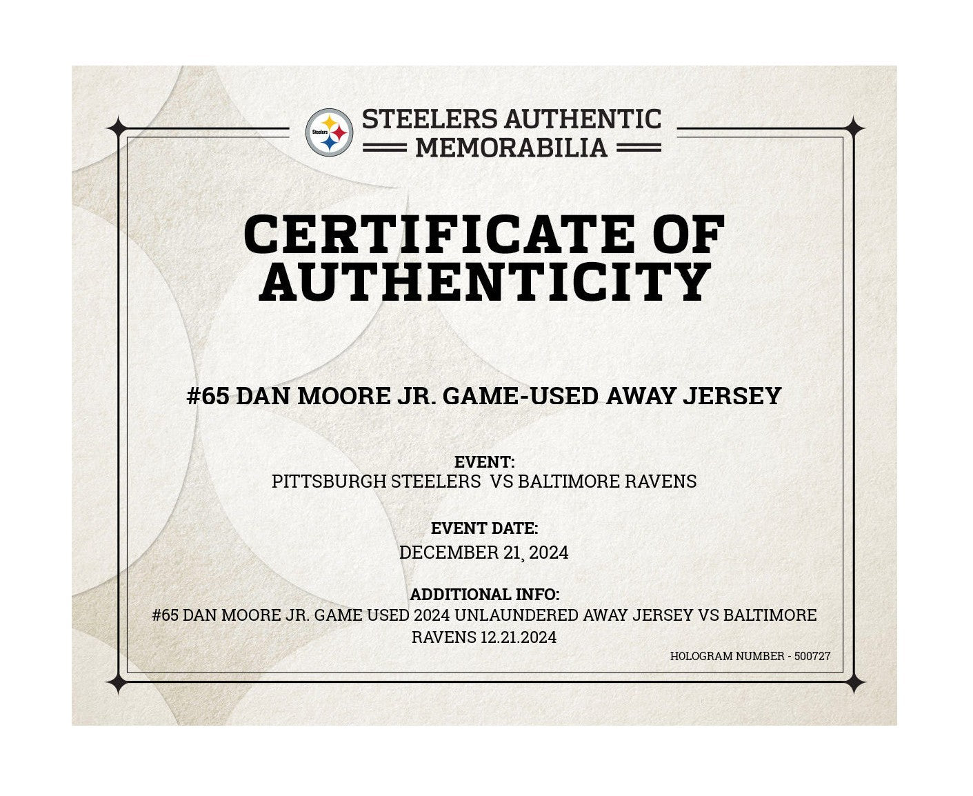 Dan Moore GAME WORN💪12/21/2024 PHOTO MATCHED📸Pittsburgh Steelers NFL Jersey👕Inc.COA💥 vs. Baltimore Ravens
