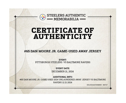 Dan Moore GAME WORN💪12/21/2024 PHOTO MATCHED📸Pittsburgh Steelers NFL Jersey👕Inc.COA💥 vs. Baltimore Ravens