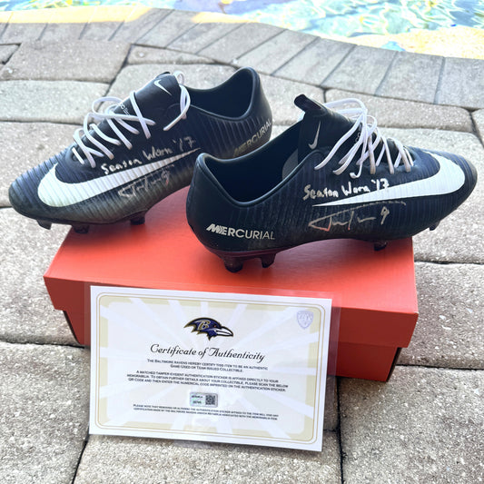 Justin Tucker Signed✍️GAME WORN💪NFL Cleats👟2017-2018 Season Baltimore Ravens💜Inscribed🛡️