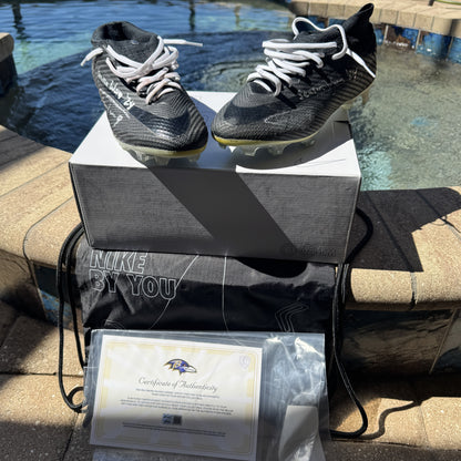 Justin Tucker Signed✍️GAME WORN💪NFL Cleats👟24-25 Season Ravens💜Inscribed🛡️Worn wk 4 Buffalo Bills 09-29-24 & wk 7 Tampa Bay Buccaneers 10-21-24