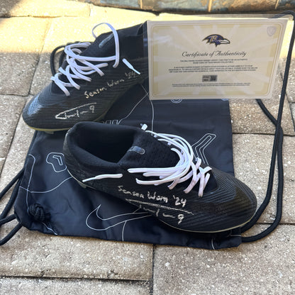 Justin Tucker Signed✍️GAME WORN💪NFL Cleats👟24-25 Season Ravens💜Inscribed🛡️Worn wk 4 Buffalo Bills 09-29-24 & wk 7 Tampa Bay Buccaneers 10-21-24