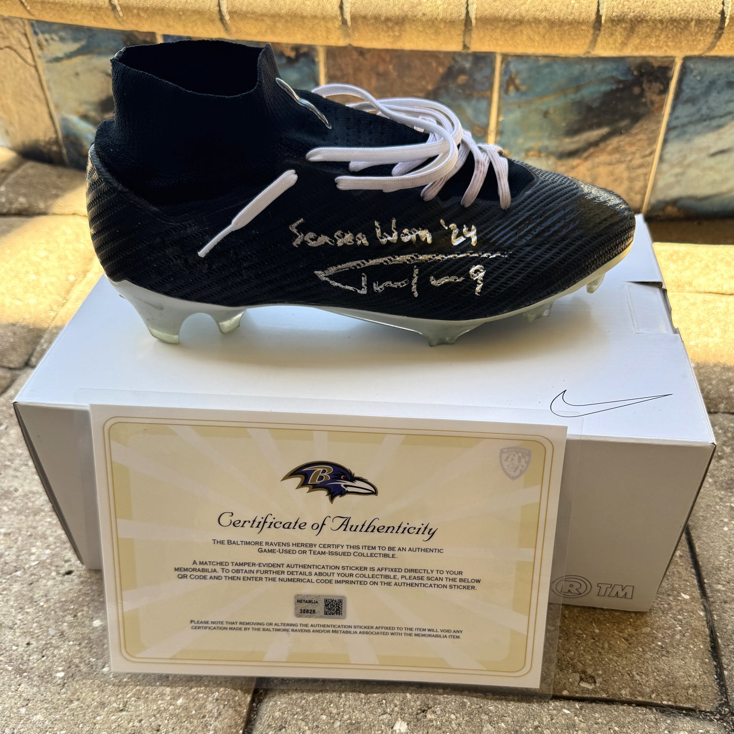Justin Tucker Signed✍️GAME WORN💪NFL Cleats👟24-25 Season Ravens💜Inscribed🛡️Worn wk 4 Buffalo Bills 09-29-24 & wk 7 Tampa Bay Buccaneers 10-21-24