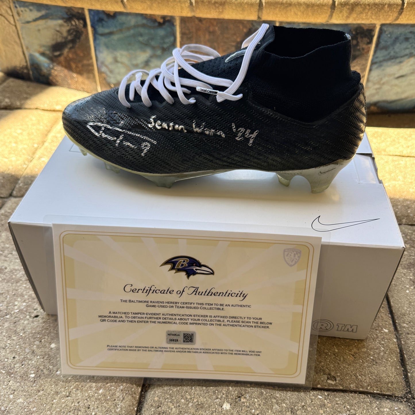 Justin Tucker Signed✍️GAME WORN💪NFL Cleats👟24-25 Season Ravens💜Inscribed🛡️Worn wk 4 Buffalo Bills 09-29-24 & wk 7 Tampa Bay Buccaneers 10-21-24