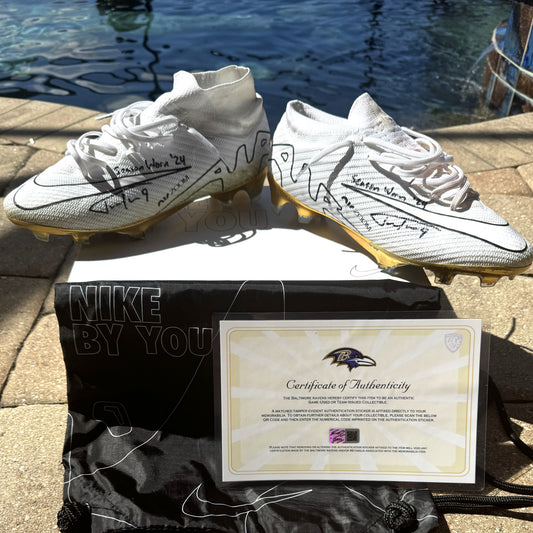 Justin Tucker Signed✍️GAME WORN💪NFL Cleats👟24-25 Season Ravens💜Inscribed🛡️Worn Week 8 vs. Cleveland Browns
