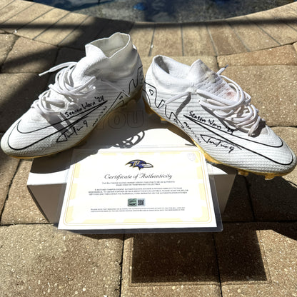 Justin Tucker Signed✍️GAME WORN💪NFL Cleats👟24-25 Season Ravens💜Inscribed🛡️Worn Week 8 vs. Cleveland Browns