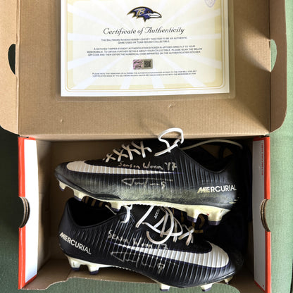 Justin Tucker Signed✍️GAME WORN💪NFL Cleats👟2017-2018 Season Baltimore Ravens💜Inscribed🛡️