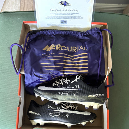 Justin Tucker Signed✍️GAME WORN💪NFL Cleats👟2017-2018 Season Baltimore Ravens💜Inscribed🛡️