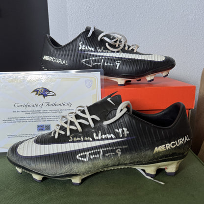 Justin Tucker Signed✍️GAME WORN💪NFL Cleats👟2017-2018 Season Baltimore Ravens💜Inscribed🛡️