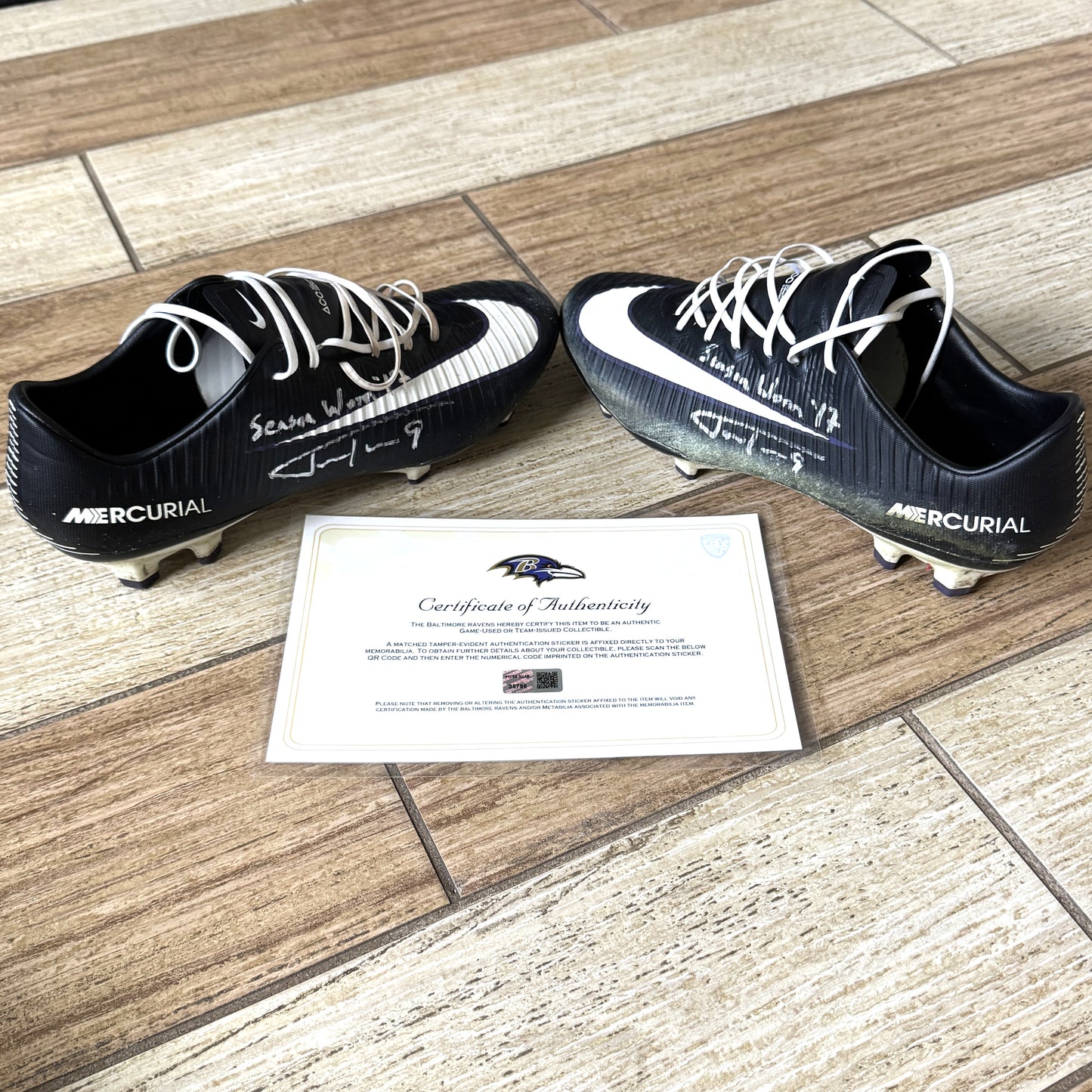 Justin Tucker Signed✍️GAME WORN💪NFL Cleats👟2017-2018 Season Baltimore Ravens💜Inscribed🛡️