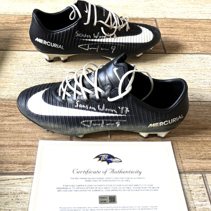 Justin Tucker Signed✍️GAME WORN💪NFL Cleats👟2017-2018 Season Baltimore Ravens💜Inscribed🛡️