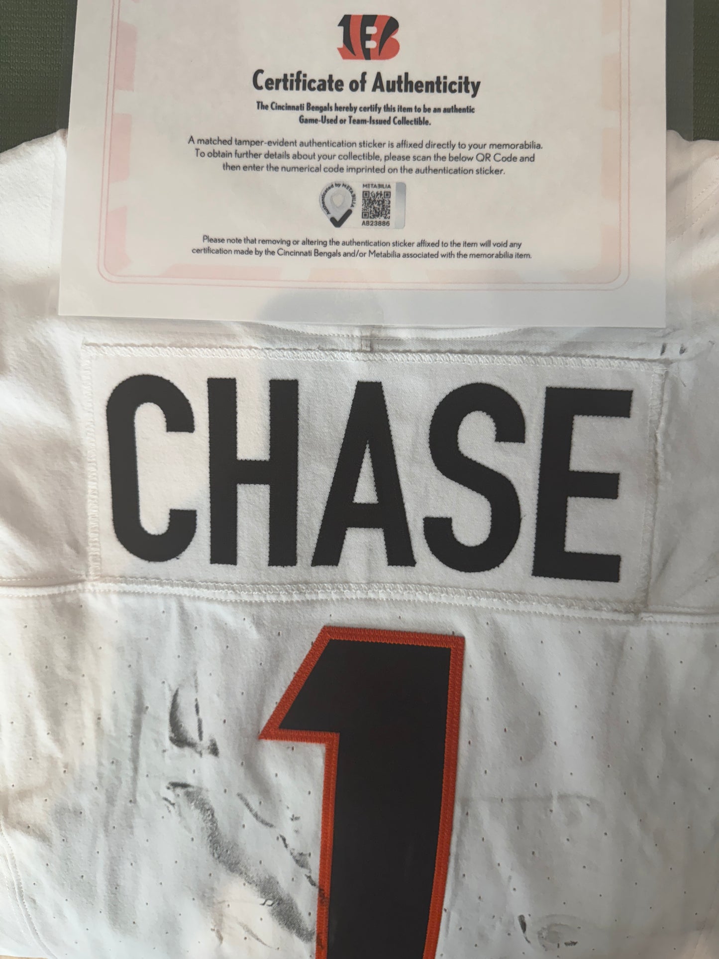 Ja'Marr Chase GAME WORN 09/21/2025 💪 PHOTO-MATCHED 📸 Bengals 🐅 NFL Jersey vs.Vikings Inc. Certificate of Authenticity 🛡️