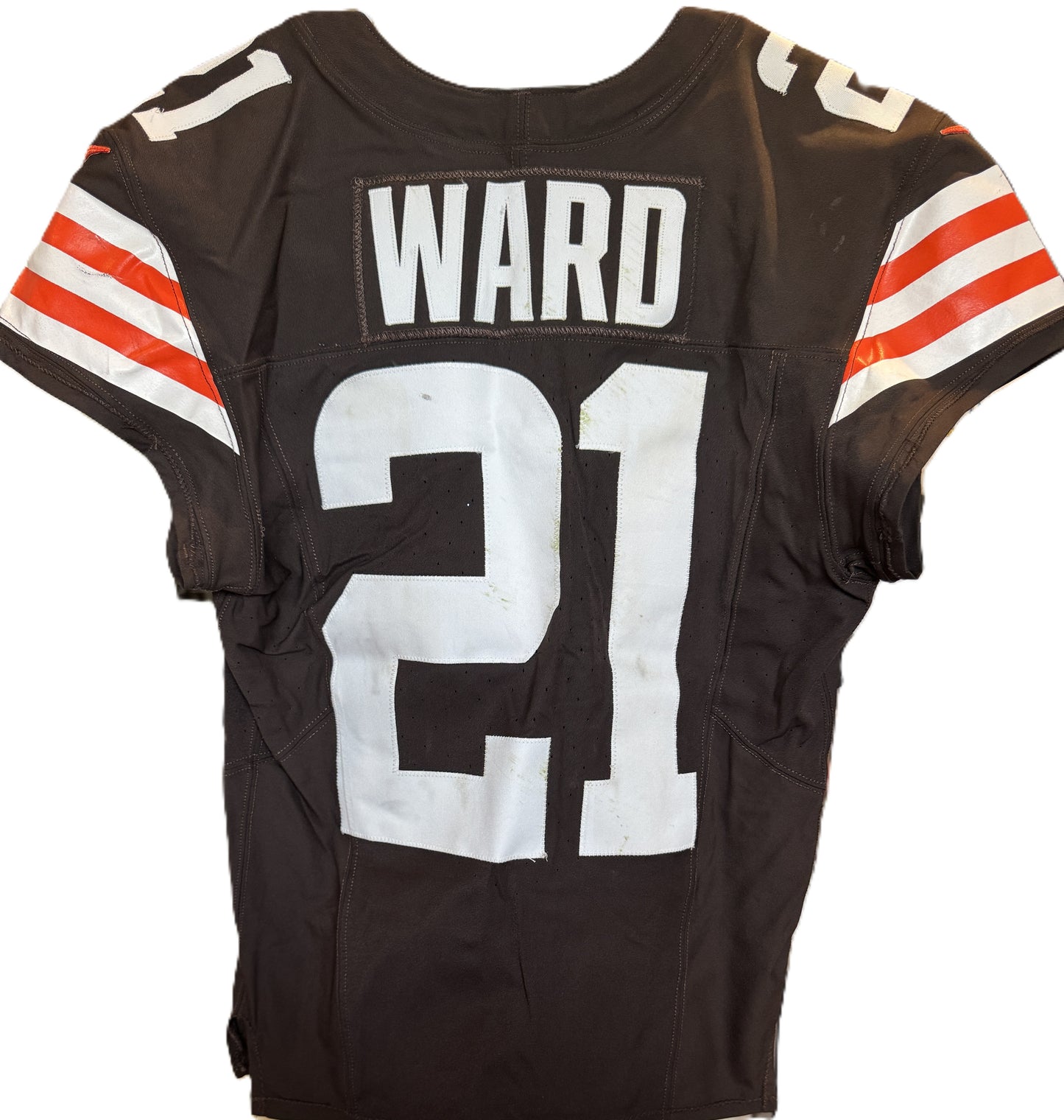 Denzel Ward GAME WORN/USED 10/01/23 💪 Cleveland Browns NFL Jersey 👕 vs. Baltimore Ravens Inc. PSA Authenticity 🛡️ + Jim Brown memorial Patch