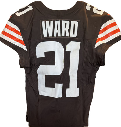 Denzel Ward GAME WORN/USED 10/01/23 💪 Cleveland Browns NFL Jersey 👕 vs. Baltimore Ravens Inc. PSA Authenticity 🛡️ + Jim Brown memorial Patch