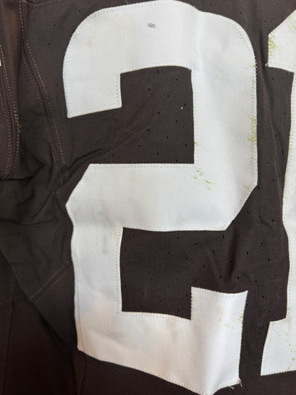 Denzel Ward GAME WORN/USED 10/01/23 💪 Cleveland Browns NFL Jersey 👕 vs. Baltimore Ravens Inc. PSA Authenticity 🛡️ + Jim Brown memorial Patch
