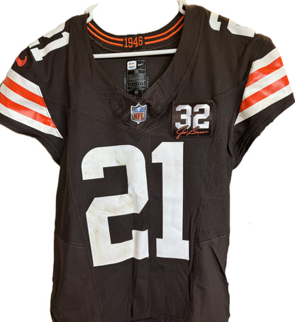 Denzel Ward GAME WORN/USED 10/01/23 💪 Cleveland Browns NFL Jersey 👕 vs. Baltimore Ravens Inc. PSA Authenticity 🛡️ + Jim Brown memorial Patch