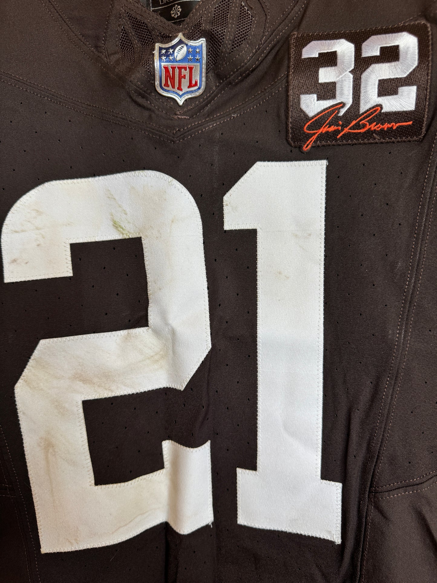 Denzel Ward GAME WORN/USED 10/01/23 💪 Cleveland Browns NFL Jersey 👕 vs. Baltimore Ravens Inc. PSA Authenticity 🛡️ + Jim Brown memorial Patch