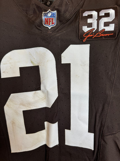 Denzel Ward GAME WORN/USED 10/01/23 💪 Cleveland Browns NFL Jersey 👕 vs. Baltimore Ravens Inc. PSA Authenticity 🛡️ + Jim Brown memorial Patch