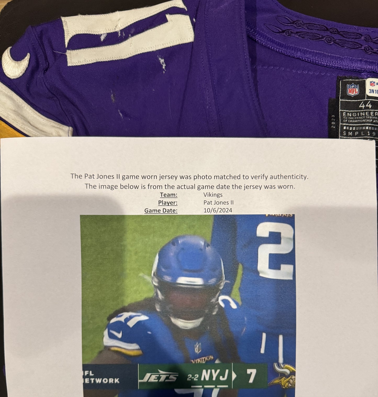 Pat Jones II GAME USED 10/06/24 PHOTO MATCHED 📸 Minnesota Vikings 👕 Jersey vs. New York Jets London Game ✅ Inc. PSA Authenticity