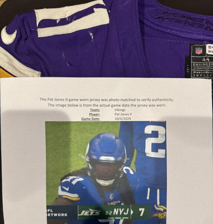Pat Jones II GAME USED 10/06/24 PHOTO MATCHED 📸 Minnesota Vikings 👕 Jersey vs. New York Jets London Game ✅ Inc. PSA Authenticity