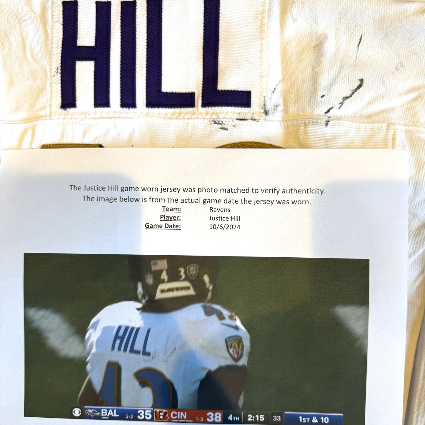 Justice Hill GAME-WORN💪10/06/24 PHOTO-MATCHED📸Baltimore Ravens💜NFL Jersey vs. Bengals