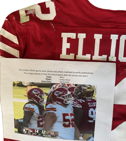 Jordan Elliott GAME USED💪10/20/24 PHOTO MATCHED📸San Francisco 49ers Jersey👕vs Kansas City Chiefs Special Crucial Catch Matchup