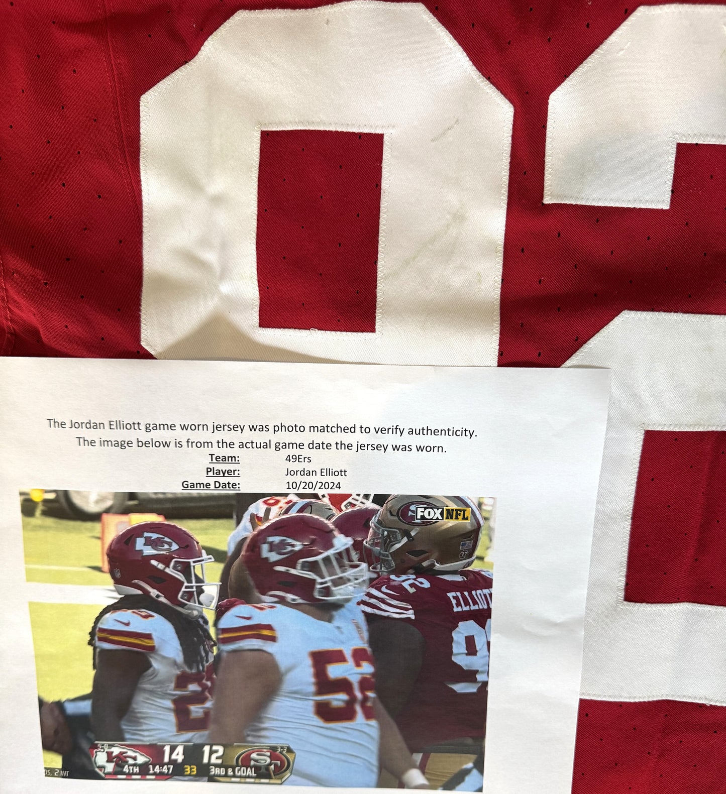 Jordan Elliott GAME USED💪10/20/24 PHOTO MATCHED📸San Francisco 49ers Jersey👕vs Kansas City Chiefs Special Crucial Catch Matchup